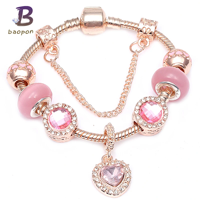 

BAOPON European Style Vintage Rose Gold Crystal Beads Charm Bracelet For Women fit Original DIY Pan Bracelet Jewelry Gift