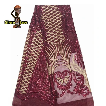 

Wine color nigerian lace fabric 2019 high quality african fabrics french net lace with sequins for asoebi party dress