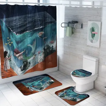 

Mermaid Print Shower Curtain 4 Piece Carpet Cover Toilet Cover Bath Mat Pad Set Bathroom Curtain 12 Hooks