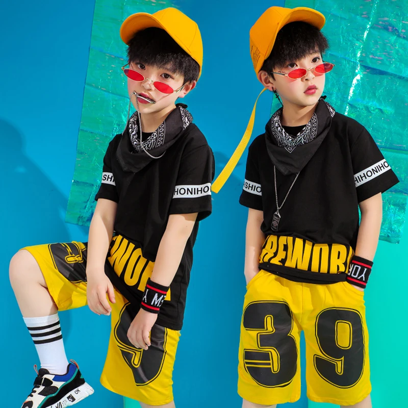 Костюм в стиле хип-хоп для мальчиков, летняя одежда черная футболка костюм из 2 предметов 2019 детский уличный танец хип-хоп костюм