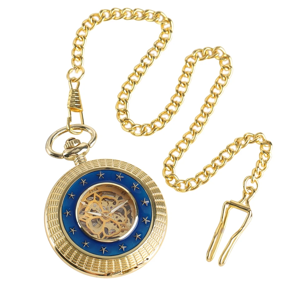Vintage Star Round Carving Mechanical Hand Winding Pocket Watch Men Gold Hollow Pendant Chain HandRound Clock Steampunk Watches1 (9)