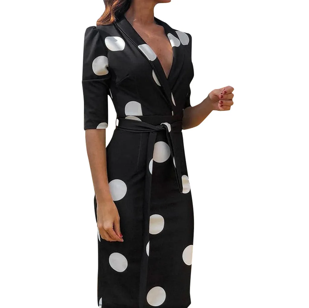 Длинное женское сексуальное летнее шифоновое платье в горошек в богемном стиле, Повседневные Вечерние офисные платья-рубашки с v-образным вырезом# J30 - Цвет: Черный