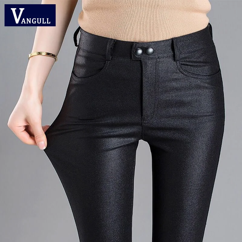 Vangull Autumn Women's Leather Pants Female Winter High Waisted Pants Leather Trousers Women PU Skinny Stretch Pencil Pantalons