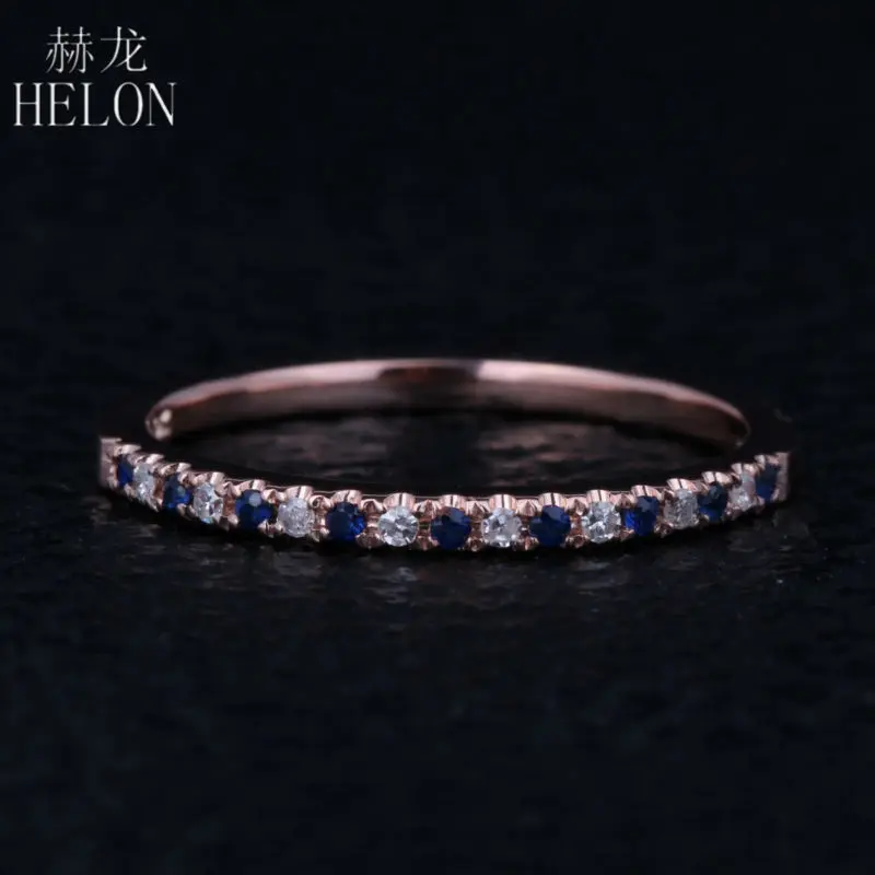 HELON Genuine Natural Diamonds & Sapphires Ring Solid 14k Rose Gold Wedding Ring gemstone ring For Women Trendy Fine Jewelry