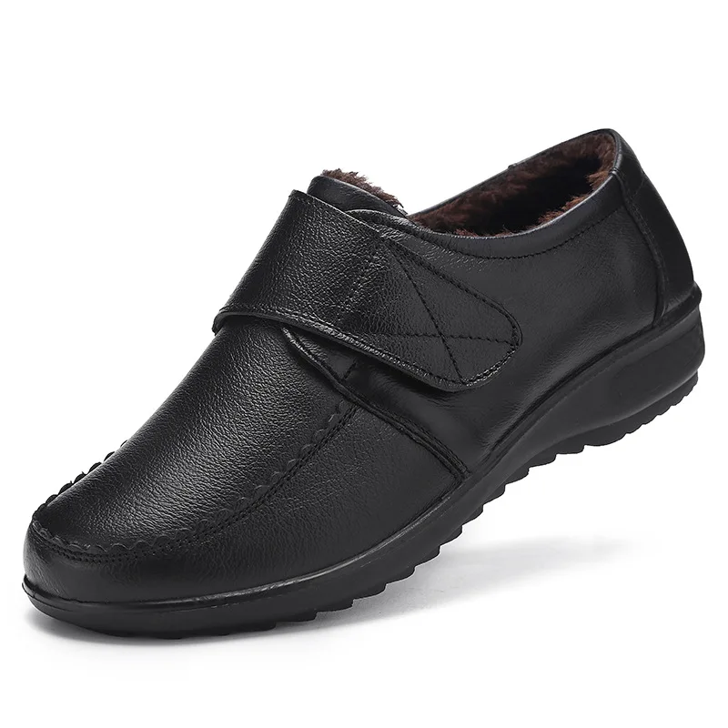 

New winter leather flattened sole with keep warm large size middle-aged old people's single shoes magic sticker women's shoes