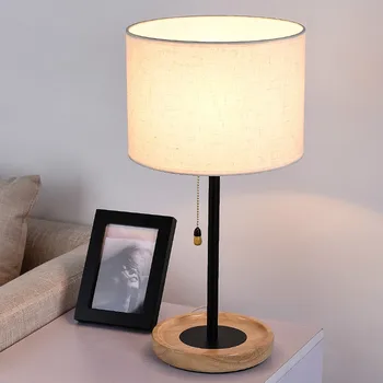 

Nordic wood table lamp fabric lampshade bedroom bedside light with pull switch romantic decoration household desk lamp mx5241653