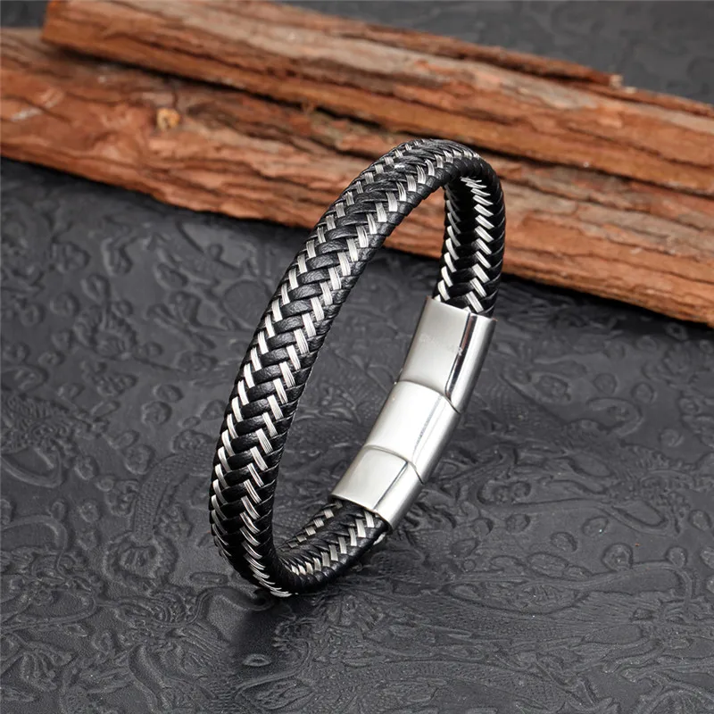Модный мужской черный кожаный браслет регулируемый браслет и подвески Pulseras Hombre панк мужские ювелирные изделия Рождественский подарок