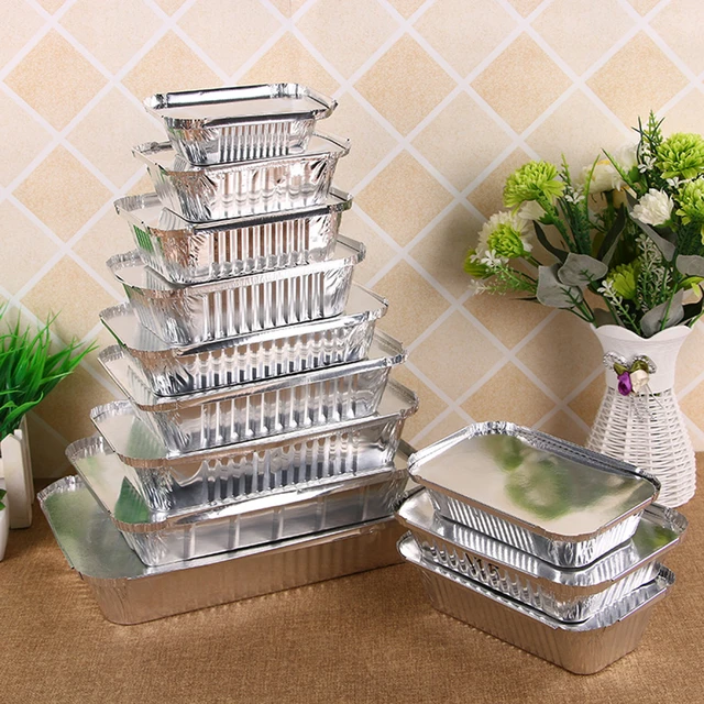 10pcs Rectangle Shaped Disposable Aluminum Foil Pan Take-out Food  Containers with Aluminum Lids/Without Lid 