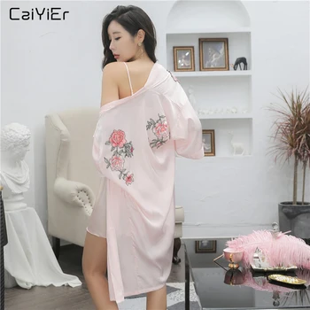 

Caiyier Silk Robe Gown Set Pink Flowers Embroidery Bathrobe & Mini Night Dress Sexy Bridesmaid Wedding Robe Suit New 2019 LP6002