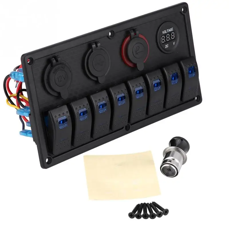 

New 12V 24V 8 Gang Car Boat LED Rocker Switch Control Panel Dual USB Voltmeter Cigarette Lighter