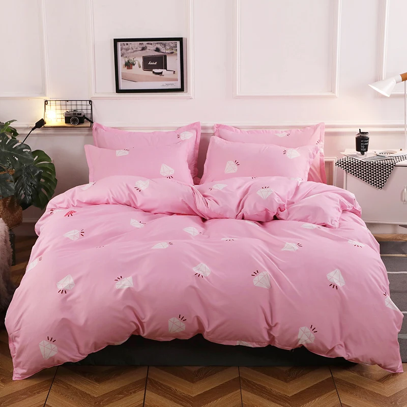 

Polyester Bedding Set Luxury Cartoon Pink Diamond Pattern 4Pcs Family Set Include Bed Sheet Duvet Cover Pillowcase Flat Sheet