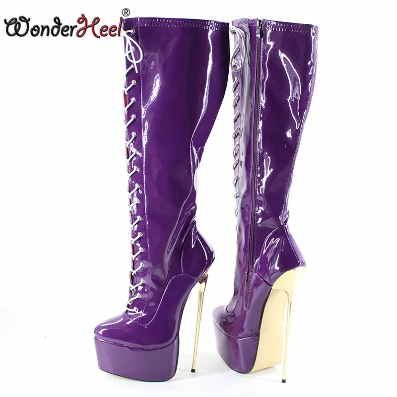 Wonderheel/Популярные ок. 22 см каблук очень высокий каблук лакированные сапоги до колена из pu искусственной кожи высокие сапоги на шнуровке пикантные тонкий металлический каблук ботинки на платформе