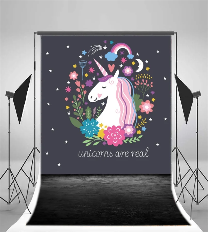 Laeacco Cute Flowers Unicorn Pattern Dark Floor Photography Backgrounds Vinyl Custom Photographic Backdrops For Photo Studio