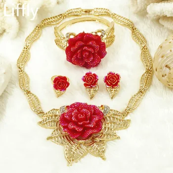 

Liffly Fashion Bridal Jewelry Sets for Women Jewelry African Yellow Red Rose Crystal Necklace Charm Wedding Gold Jewelry