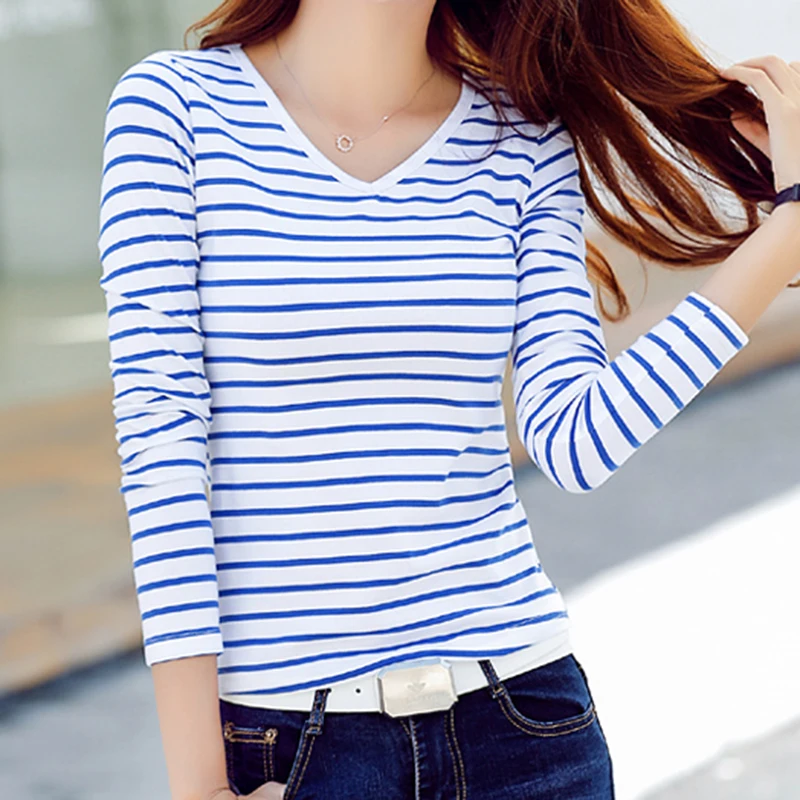 

T Shirt Women 2018 Women Stripe T shirt Top Female Long Sleeves V Neck T Shirt Plus Size 3XL Autumn Casual Top Tee Black White