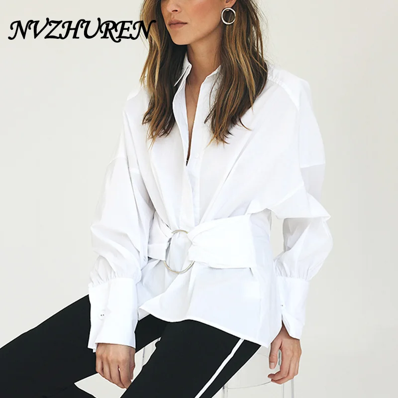 NVZHUREN новые модные женские туфли белая блузка рубашки Твердые Хлопок Для женщин с