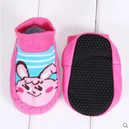 Детские носки-Тапочки хлопковые мягкие нескользящие носки с рисунками для маленьких мальчиков и девочек осенне-зимний толстый Противоскользящий носок - Цвет: ROSEO RABBIT