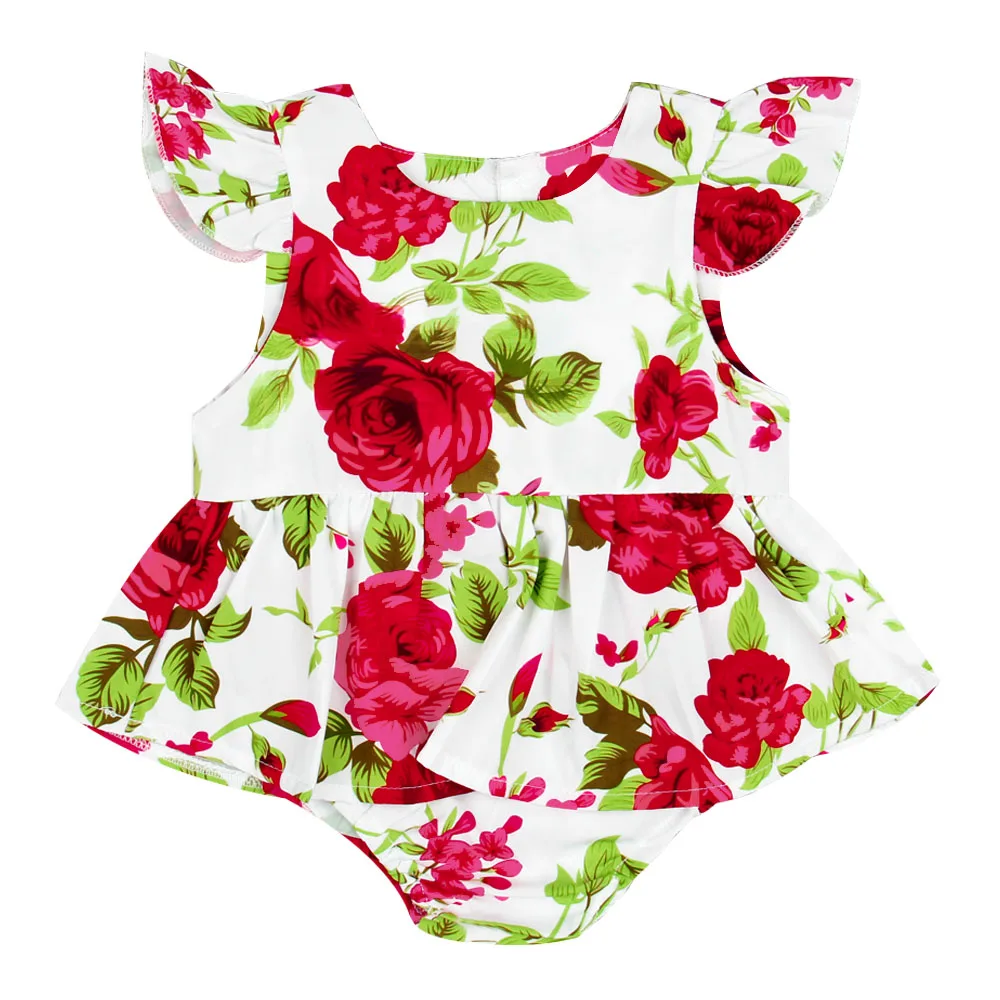 2018 Floral Bodysuit Baby Red Flowers Print Flutter Sleeve Bodysuit