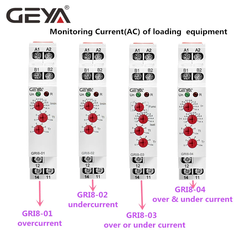 GEYA GRI8-01 реле контроля тока Диапазон тока 8A 16A AC24V-240V DC24V реле защиты от перегрузки по току