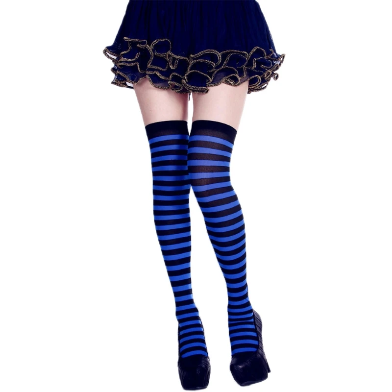 1 Pair Womens Long Striped Socks Contrast Color Thigh High Stockings Cosplay Halloween Socks Women Personality Long Socks