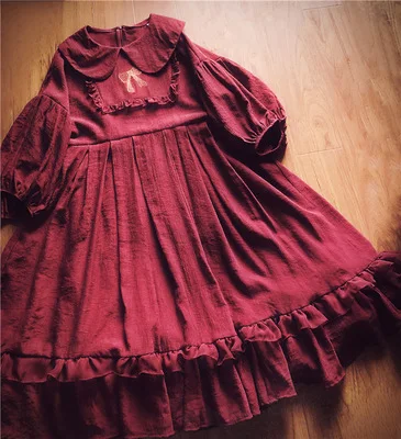 Японское платье лолиты с пышными рукавами и вышивкой; милое повседневное студенческое платье лоли - Цвет: Бургундия