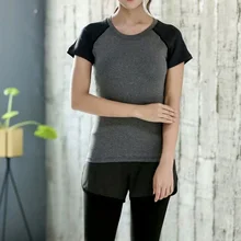 Фитнес дышащая одежда для йоги эластичная быстросохнущая пот Лоскутная Спортивная футболка для женщин спортивный топ одежда для занятий спортом