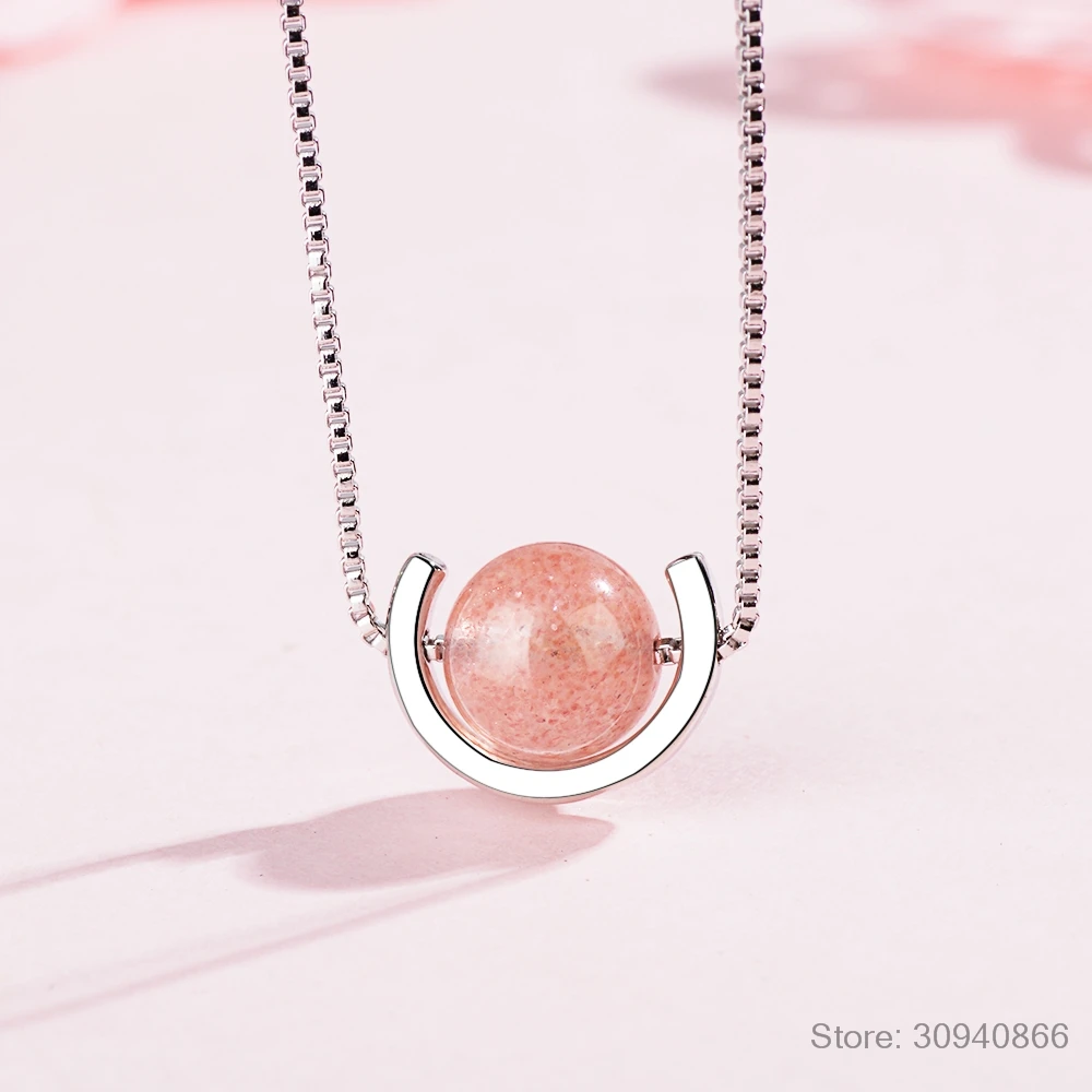 Сердце, натуральный клубничный кристалл, розовый вафельный шарик, подвеска, цепочка для ключицы, 925 пробы, Серебряное женское ожерелье SNE098