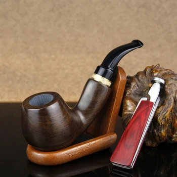 

Classic New Ebony Wood Pipe 9mm Filter Smoking Pipe with Wooden Stand 3in1 Multifunction Tool Handmade Tobacco Pipe Set