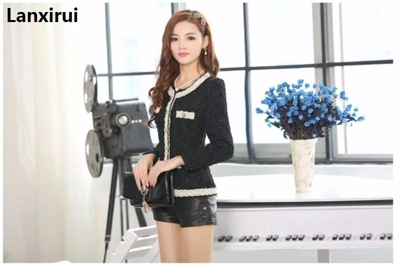 Women Clothing Long Sleeve V -Neck Spliced Tweed Jacket Short Coat Female Casual Fashion Slim Patchwork Cardigans Outerwear