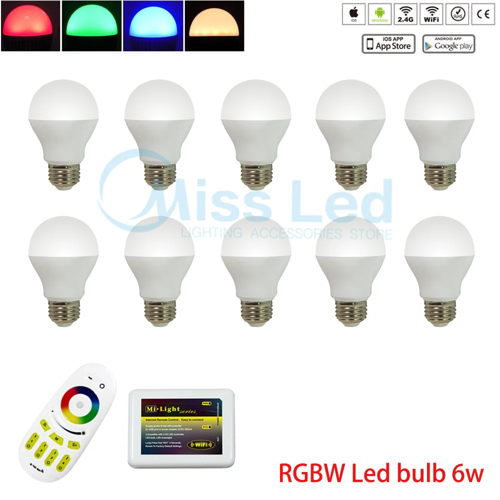 

10 pcs 6W E27 LED Bulb RGB Warm/Cold White  RGBW + 2.4G Wireless RF Remote + Wifi controller 4 groups via IOS Android