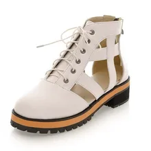 plus size 35-43 black white brown student school flat shoes lace up cut out cage ankle boots oxfords gladiator sandals flats