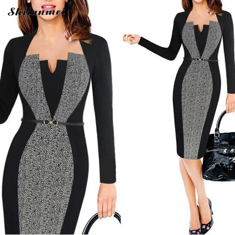 2019 Summer Women Retro Contrast Patchwork Belt Wear to Work Business vestidos Office Bodycon Pencil Female One Piece Dress Suit