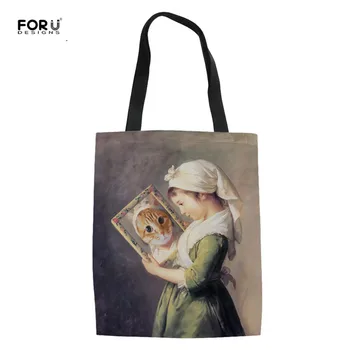 

FORUDESIGNS Lovely Girls Casual Linen Tote Bags Vinatge Mona Lisa Summer Beach Handbags for Women Animal Cat Eco Shopping Bags