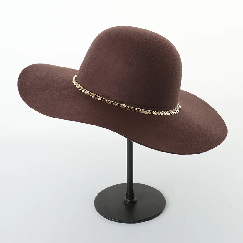 Осенне-зимняя новая шерстяная шляпа с золотыми блестками на цепочке, Женская фетровая шляпа с широкими полями - Цвет: coffee