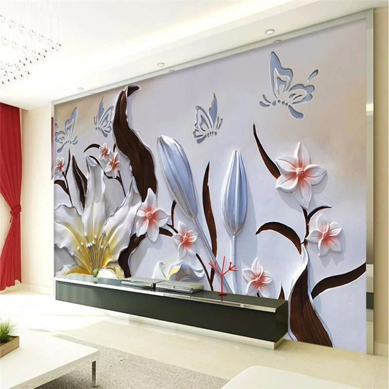 Beibehang Modern murals floral background embossed lily 3d living room bedroom wall murals