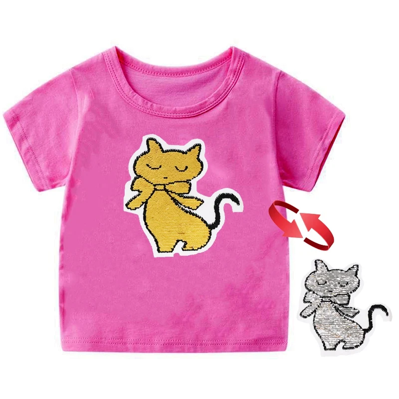 Двусторонняя Футболка с блестками; летняя детская футболка для мальчиков и девочек; футболки с короткими рукавами для маленьких девочек; хлопковая детская футболка; футболки с круглым вырезом - Цвет: yellow-silver cat