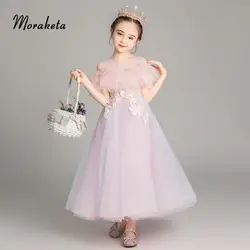 Бальное платье, длинное розовое платье с цветочным узором для девочек на свадьбу, 2019 г., платье с глубоким вырезом, без рукавов, с
