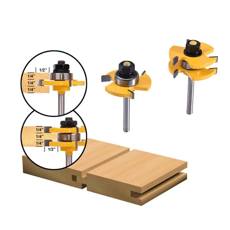 

2pcs Tongue & Groove Router Bit Set 3/4" Stock 1/4" Shank 3 Teeth T-shape Wood Milling Cutter Flooring Wood Working Tools