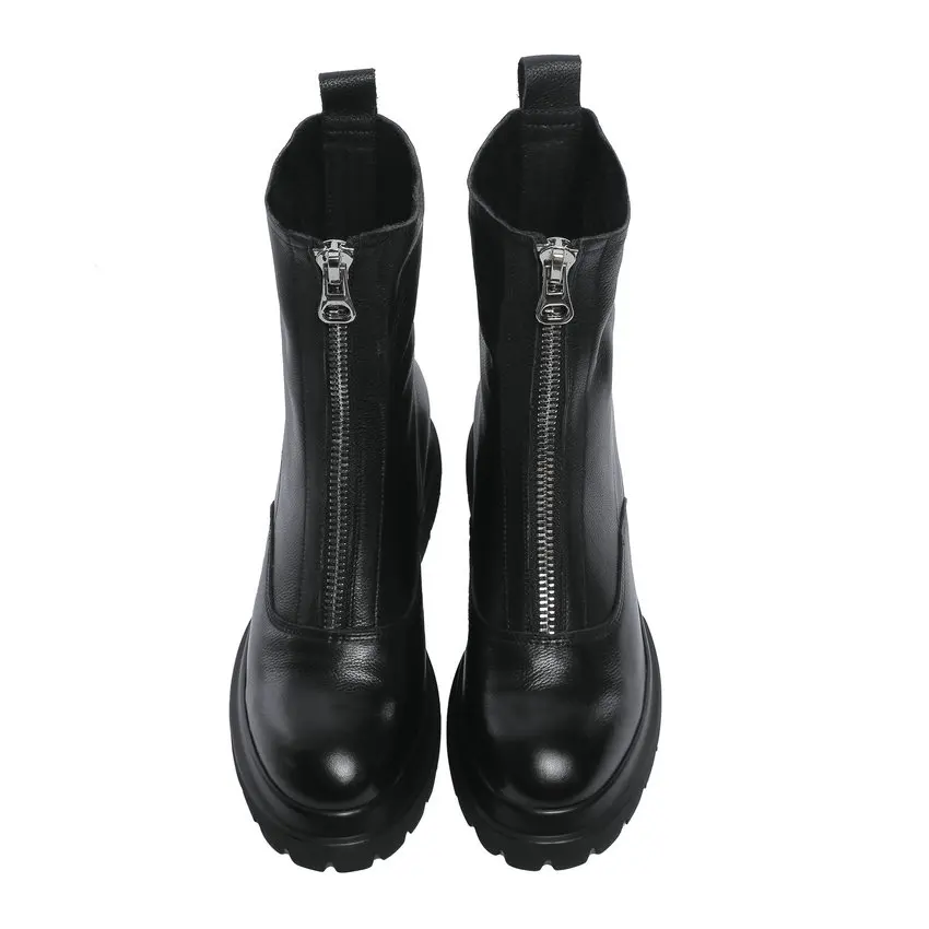 QUTAA 2020 Platform Square Middle Heel Mid Calf Boots Front Zipper Cow Leather Fashion Round Toe Antiskid Women Shoes Size 34-42
