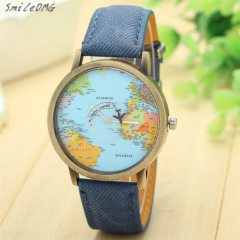 

Women Watch New Global Travel By Plane Map Women Dress Watch Denim Fabric Band Perfect Men Watch Gift Relogio Masculino,Aug 4