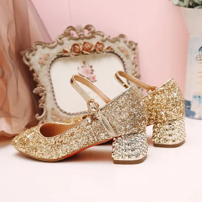 2.5cm heel gold Г. Женская кожаная блестящая танцевальная обувь для больших студенток для девочек вечернее платье обувь с украшением в виде кристаллов золотого и серебряного цвета для детей от 4 до 18 лет - Цвет: 2.5cm heel gold