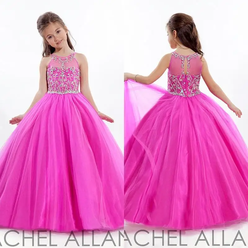 2017 Flower Girls Dress Sweet Kids Party Hot Pink Sleeveless Beaded