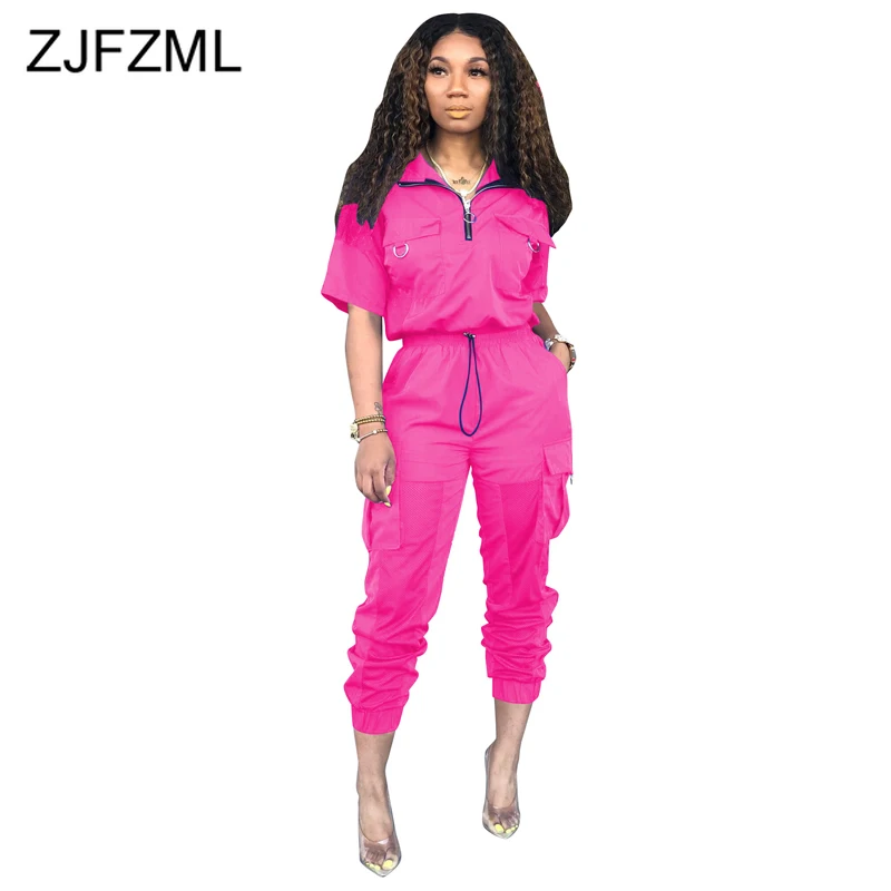 

Sheer Mesh Spliced Breathable Two Piece Tracksuit Front Zipper Short Sleeve Loose Top And Long Pants Casual 2 Pcs Club Outfits