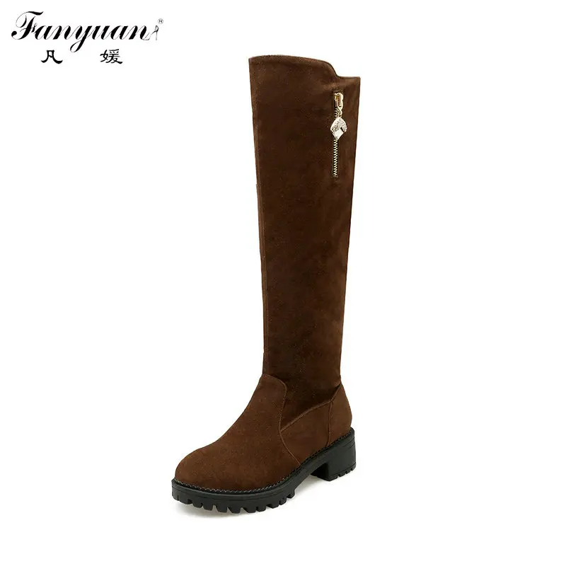 

2017 Hot Rhinestone Women's Knee High Boots with Low Heel Slip-On Faux Suede Rubber Sole Boots