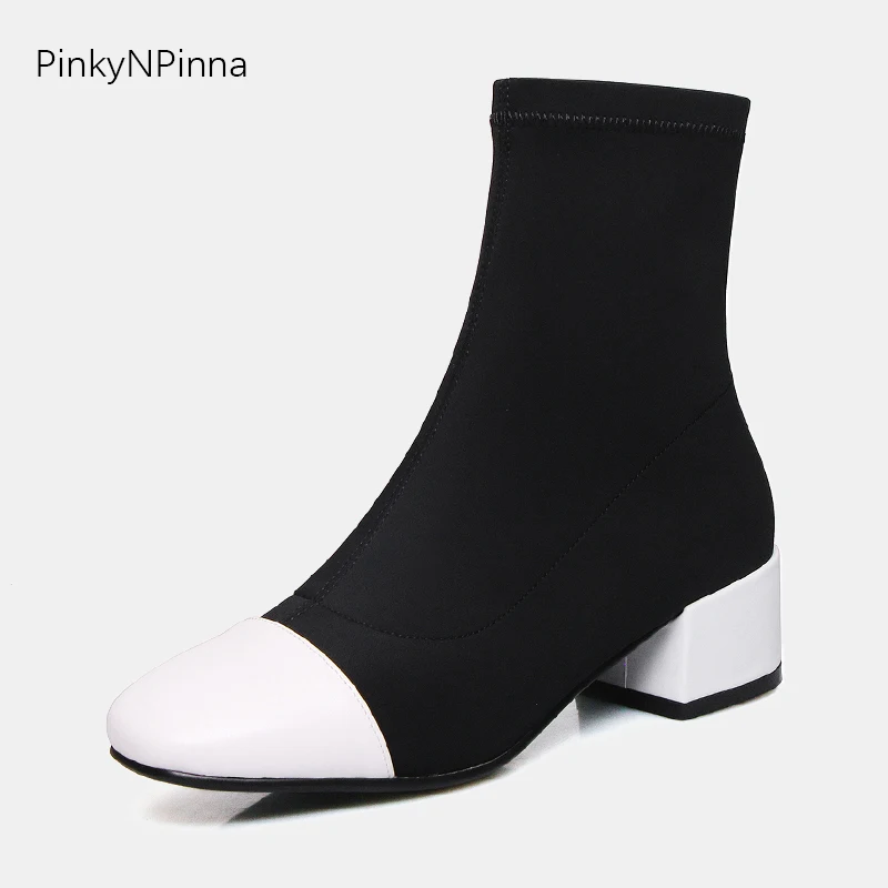 

2019 elegant women stretch fabric cowhide ankle boots black white mixed sheepskin insole square heels party dress office booties