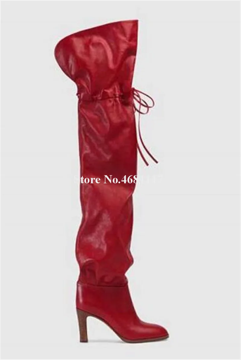 as De Superior Del alto Encaje Rojo Cuero Redondo Dedo La Marca Las Picture Rodilla Mujeres Pie Picture Diseño As Botas Tacón Grueso Sobre 5WTUq1wF0