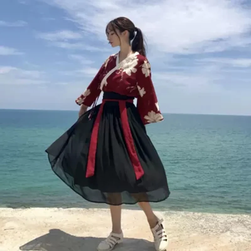Haori Kawaii японский традиционный кардиган кимоно шифоновая черная юбка с цветочным