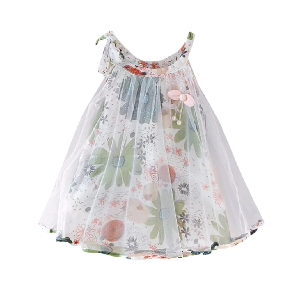 Платье принцессы с цветочным принтом на бретелях для новорожденных девочек, платье из пряжи и тюля, праздничная одежда, детское платье для малышей - Цвет: Зеленый