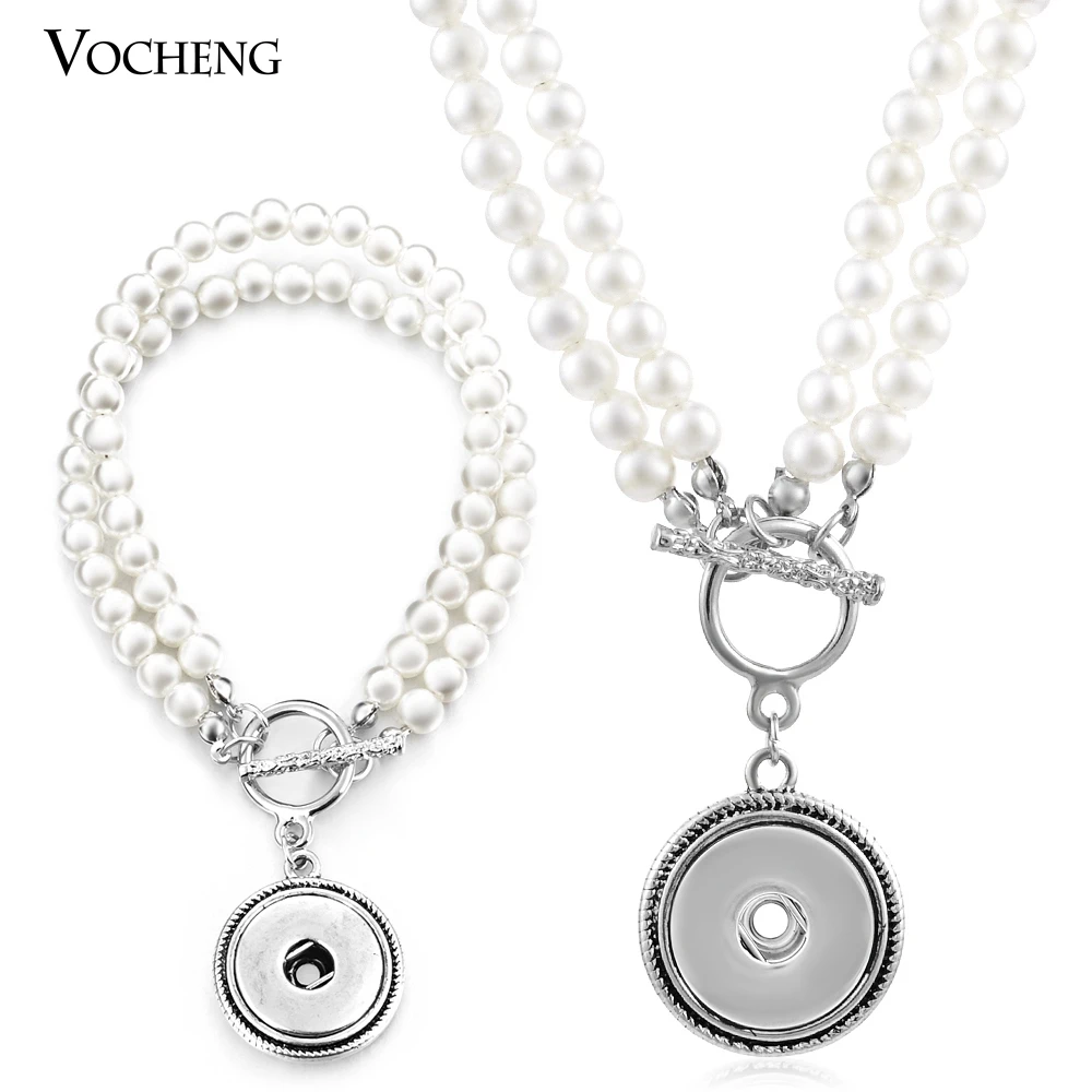 

10pcs/lot Vocheng Simulated pearl Necklace and Bracelet 18mm Ginger Snap Button Jewelry Set NN-367*10 Free Shipping