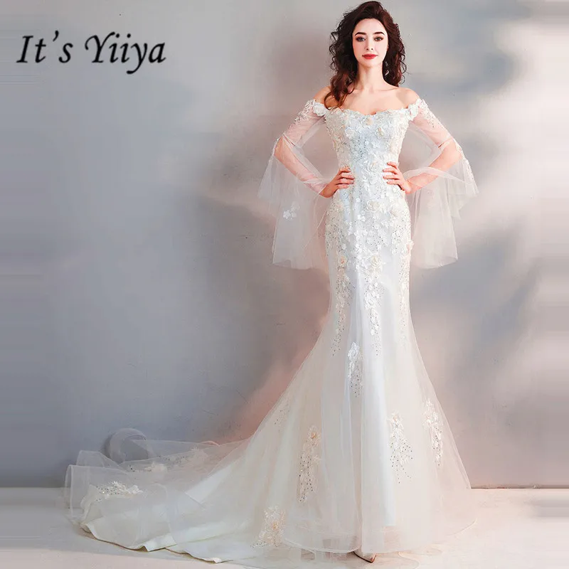 

It's YiiYa Wedding Dress White V-neck Short Sleeves Mermaid Court Train Floor Length Vestido De Noiva Custom Plus Size 2019 E255